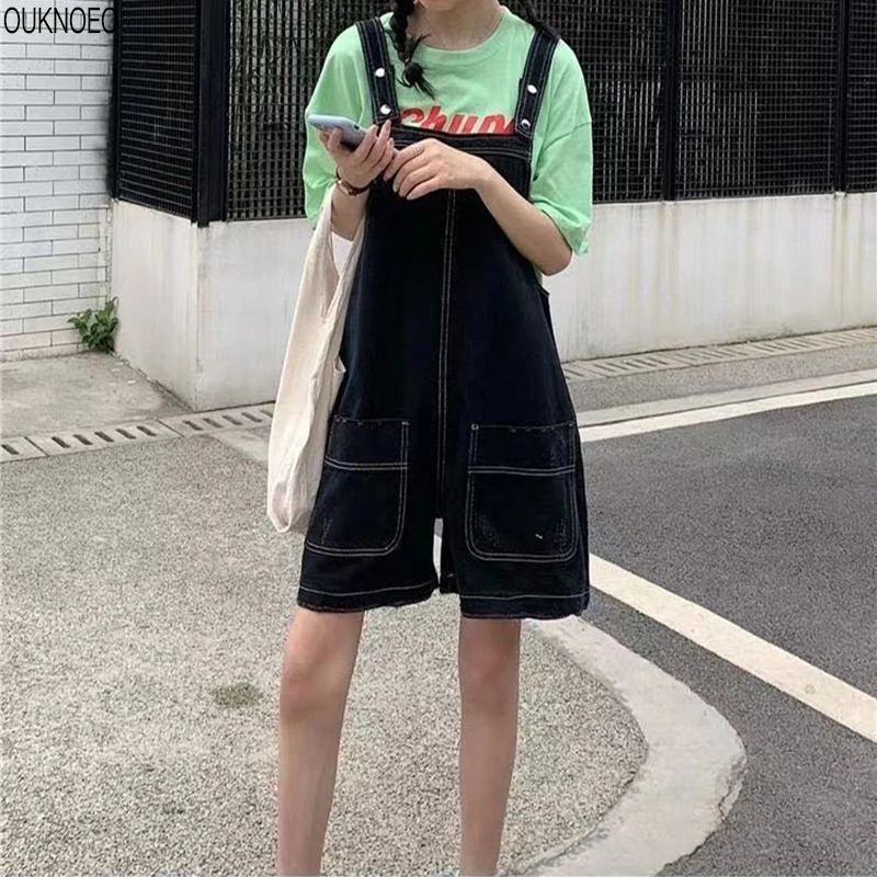 

Summer New Women Denim Overalls Loose Waist Multi-Pocket Adjustable Strap Shorts Black Breathable 2021 Woman Denim Jumpsuits