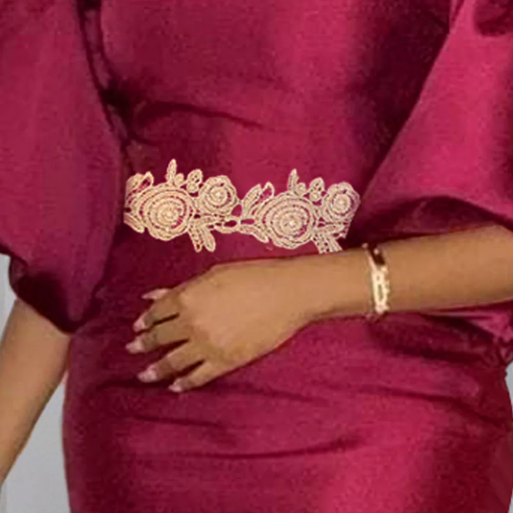 Женское платье с высокой талией однотонное в западном стиле рукавами-фонариками