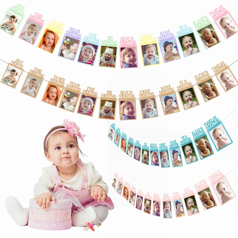 

Baby 12 Months Photo Frame Banner First Happy Birthday Paper Garland for Girl Boy 1st Birthday Party Hanging Decoration Supplies