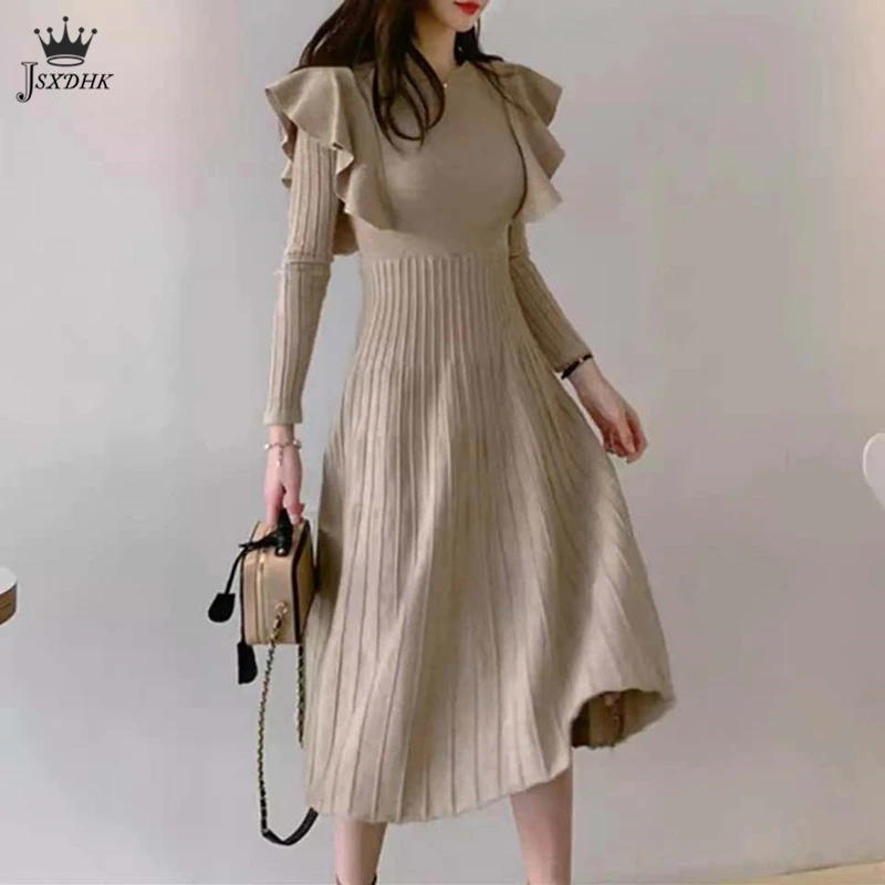 

2021 Fashion New Elegant Ruffles A-Line Sweater Dress Vintage O-Neck Female Thicken Knit Long Dress Slim Full Sleeve Vestidos