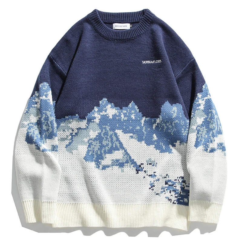 

Mens Snow Mountain Knit Sweaters Streetwear 2020 Winter Unisex Vintage Couple Patchwork Knitwear Women Oversize Pullover Sweater