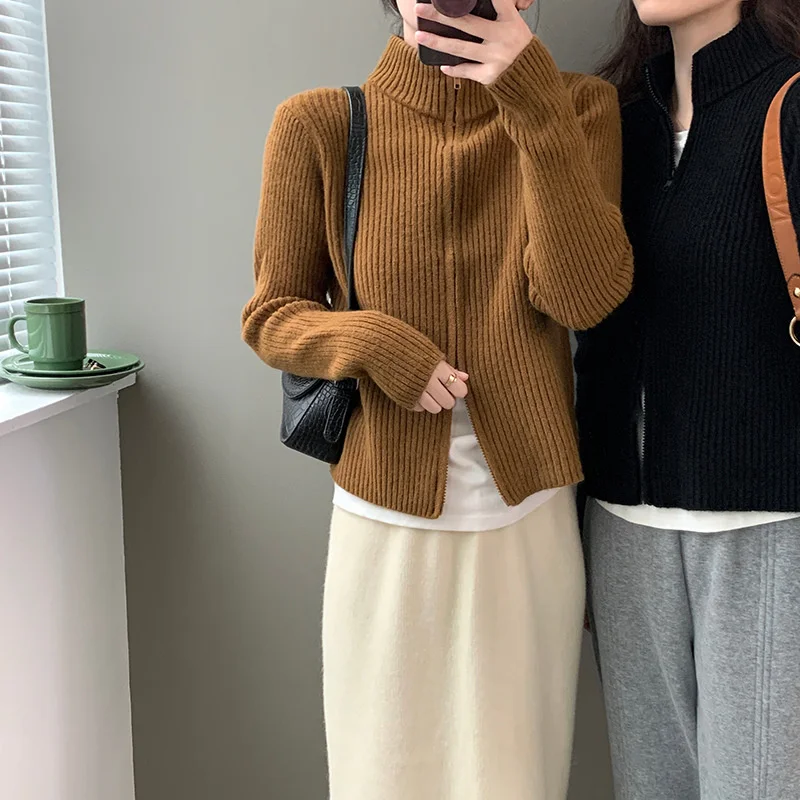 

Double Zipper Turtleneck Fitted Knit Cardigan Black / Beige / Coffe / Brown