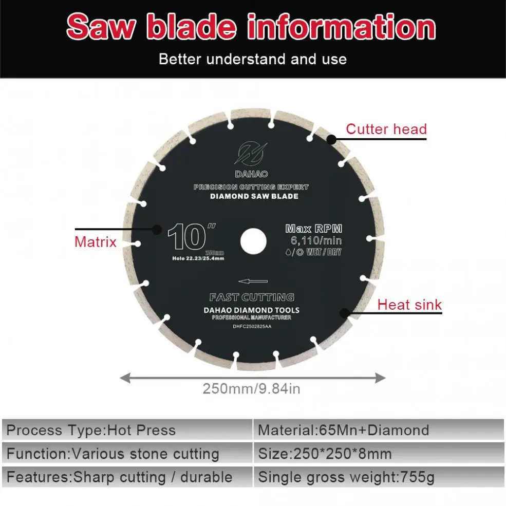 

250mm Split Tooth Segmented Shape Diamond Saw Blade Volcanic Rock Cutting Blade Support Wet / Dry Cutting for Concrete / Masonry
