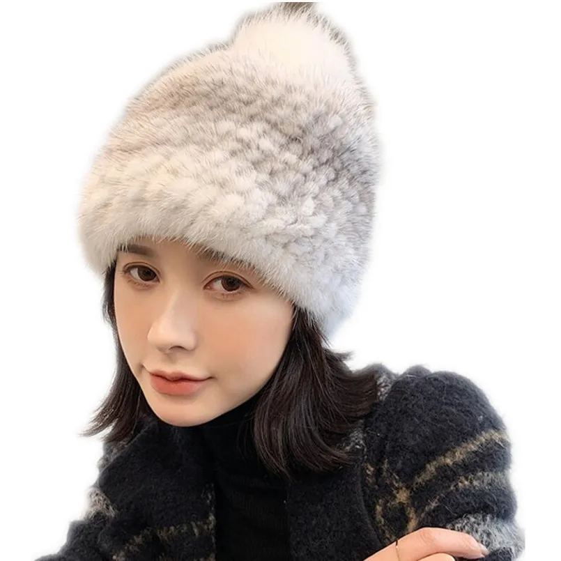 winter hats for women Real mink fur beanies with big pompom warm knitted russian hat female cap H14