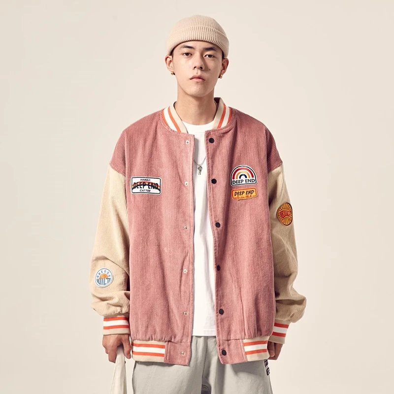 

Japanese Fashion Men's Sweatshirt Winter Cotton liner Corduroy Baseball Uniform Button Embroidery Loose Harajuku Couple Top