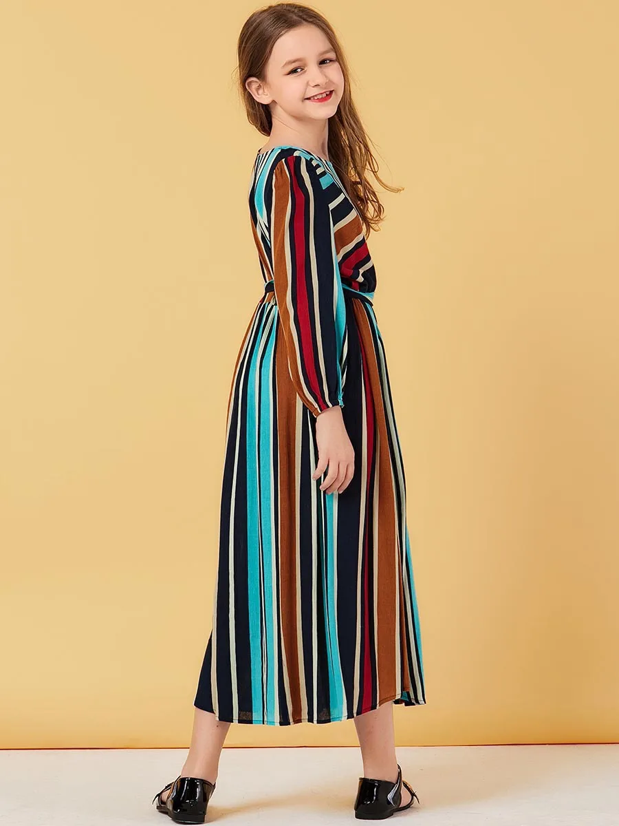 Исламское мусульманское платье для девочек Полосатое марокканское с пышными