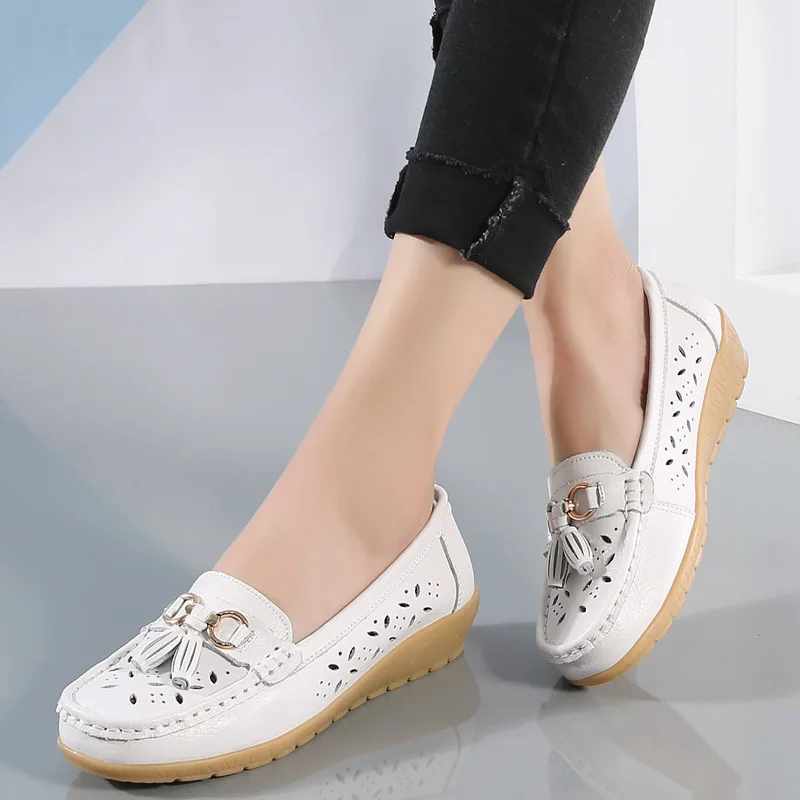 

Sneakers Women Flats Summer Women Genuine Leather Shoes with Low Heels Slip on Casual Flat Shoes Women Loafers Soft Nurse Shoes