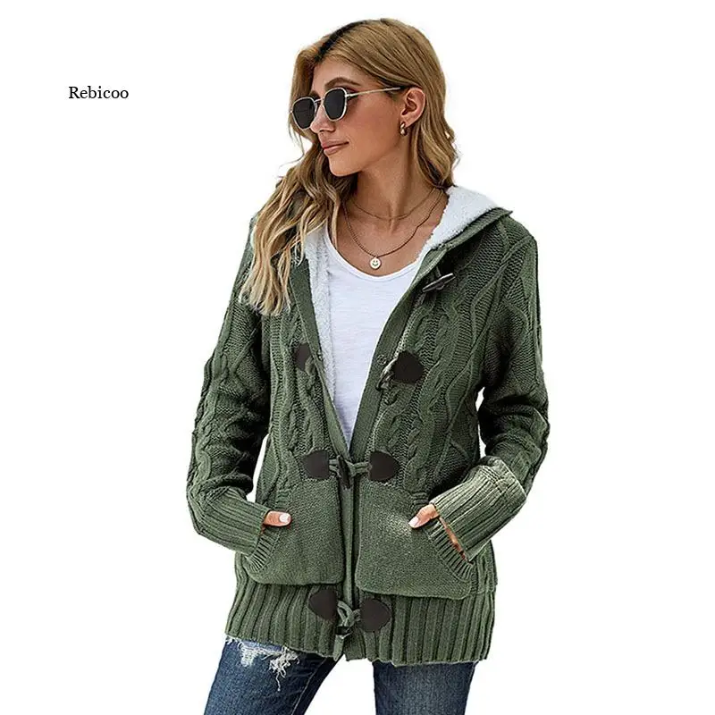 

women sweater coat Plush winter long sleeve casual hooded stitching cardigan spring autumn slim button Ladies woman Femme girl