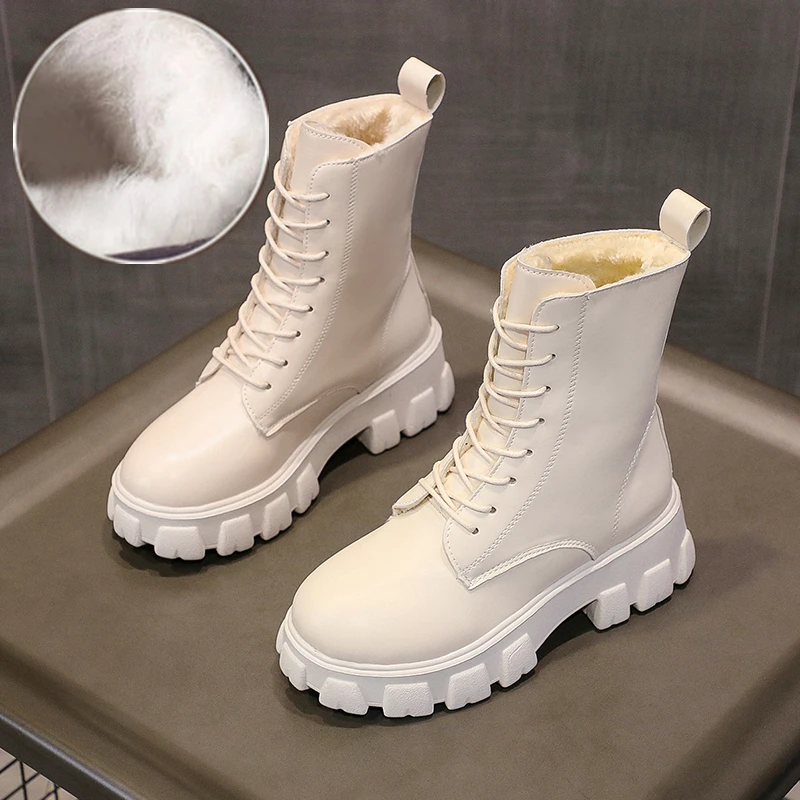 

Женские ботильоны на массивной платформе, теплые плюшевые ботинки из искусственной кожи на толстой подошве, со шнуровкой, Осень-зима 2021