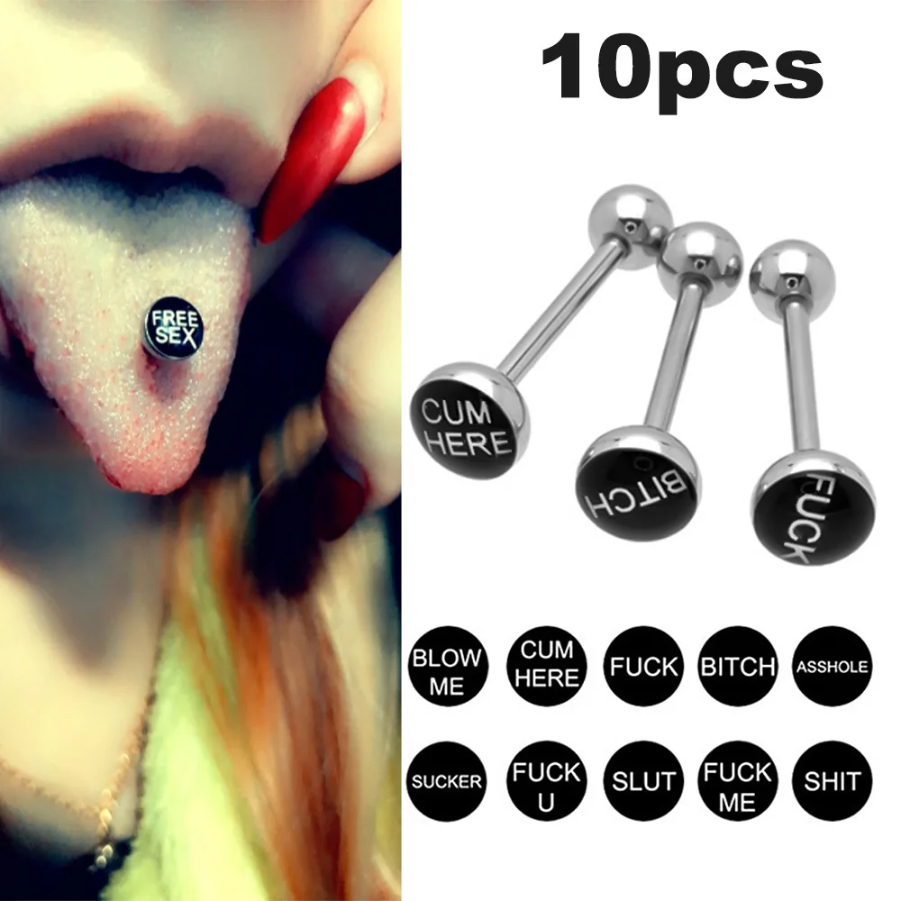 

10PC Bad Dirty Word Logo Tongue Barbell Tongue Rings for Women 316l Surgical Steel Tongue Piercing Ring Sexy Body Jewelry 14G
