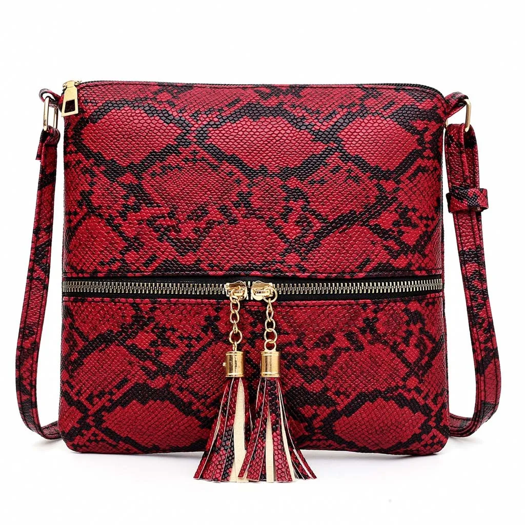 Fashion Women Tassel Snake Printing Zipper Messenger Bag Handbag Shoulder Bag Elegant Small Square Bags#YJ