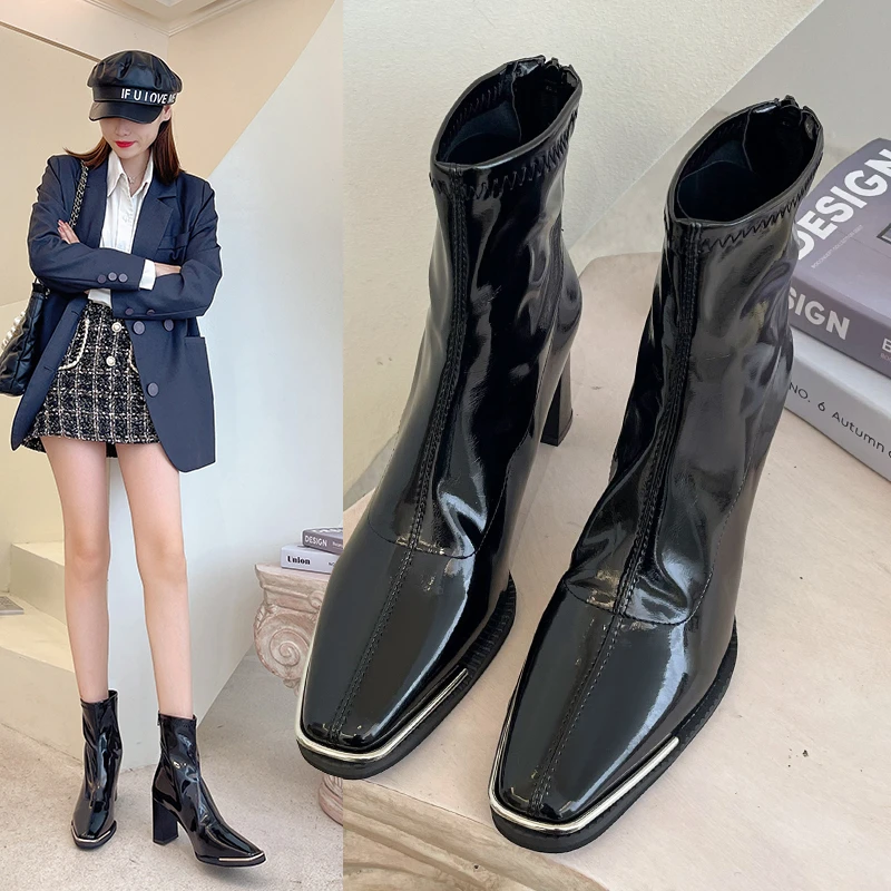 

Women's Ankle Boots Fashion Solid Color Patent Leather Shiny Zipper Short Boots