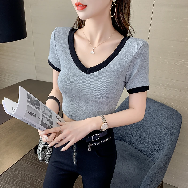 Новинка лета 2021 цветная контрастная Футболка с V-образным вырезом Женский
