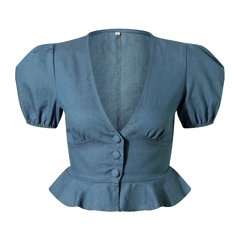 Синий Conmoto, модные женские топы и блузки,, сексуальная джинсовая Блуза с v-образным вырезом, женская синяя Джинсовая блузка с баской, топы, рубашки для девушек, праздничная рубашка - Цвет: Синий