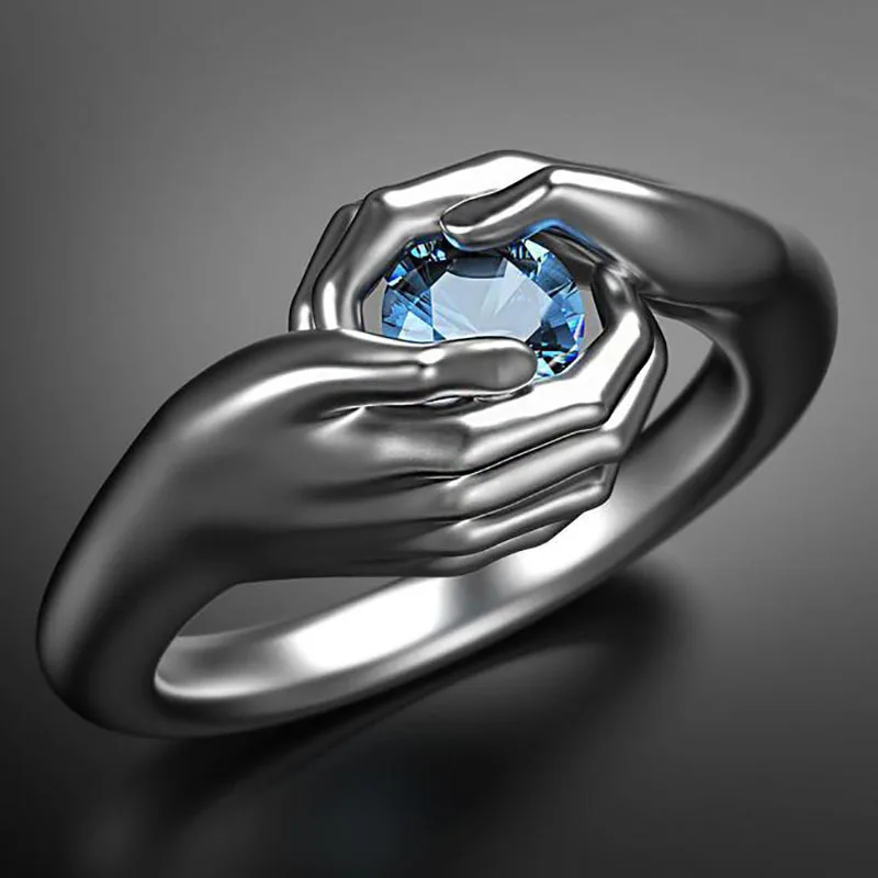

Elegant fashion personality ladies metal two-handed ring sapphire decoration casual party plated geometric silver ring jewelry