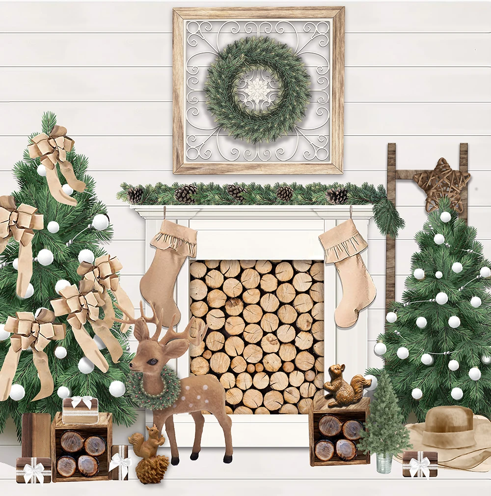 

Christmas Background Tree Noel Party Photography Backdrop Stove Fireplace Wood Photo Studio Background Warm Home Wall Decoration