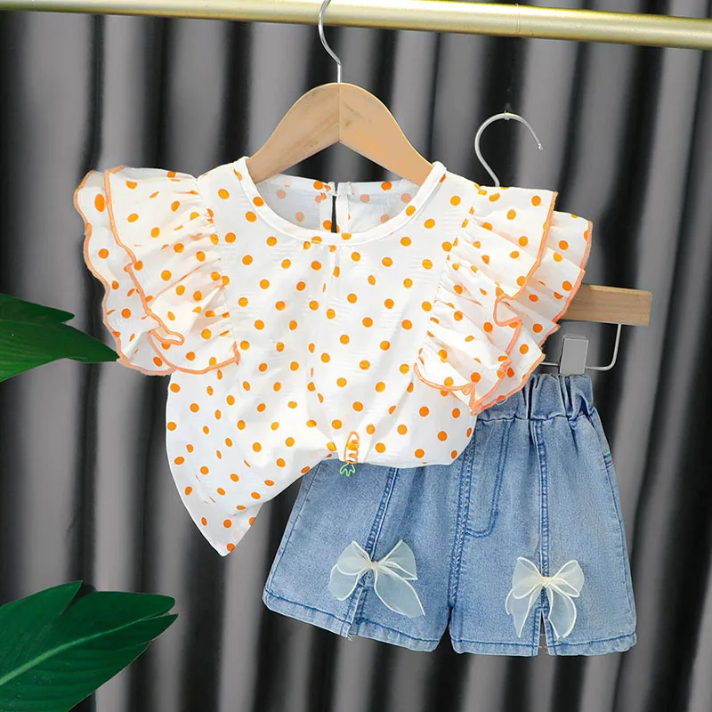 

Polka Dot Baby Girls Clothes Set Ruffles Cute Outfits New Blouses Denim Bow Shorts 2pcs Costumes Kids Casual Wear 0-4Y