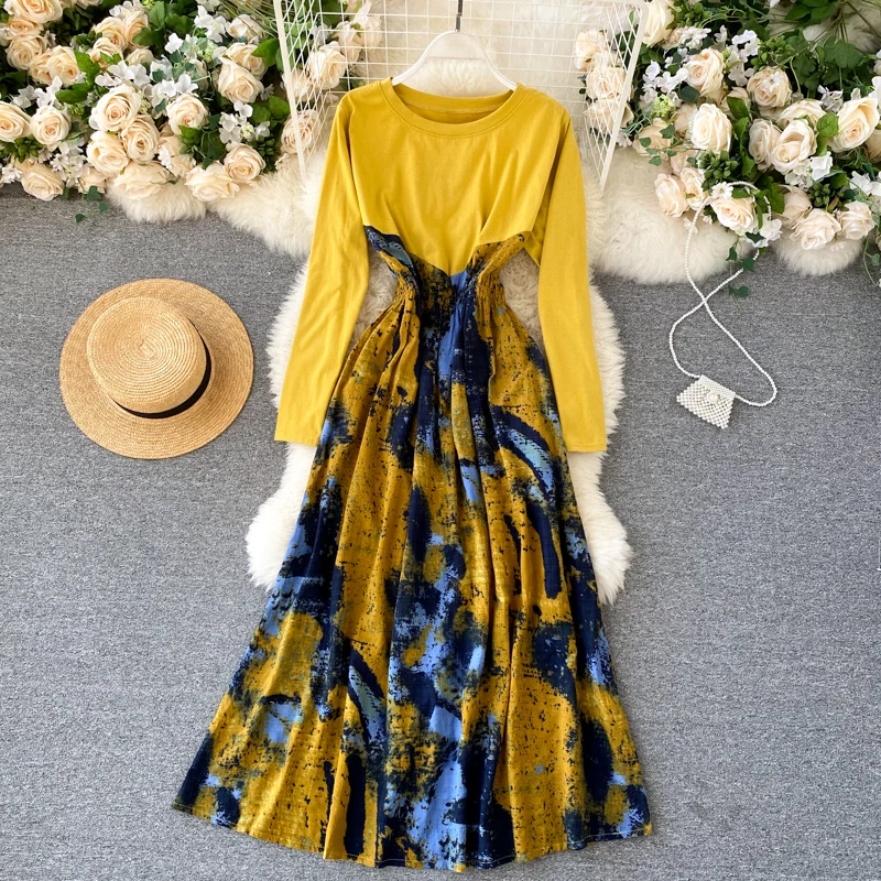 

Autumn Women's Yellow Patchwork Maxi Dress Elegant Round Neck Long Sleeve Vintage Long Dresses Boho Fashion Vestidos 2021