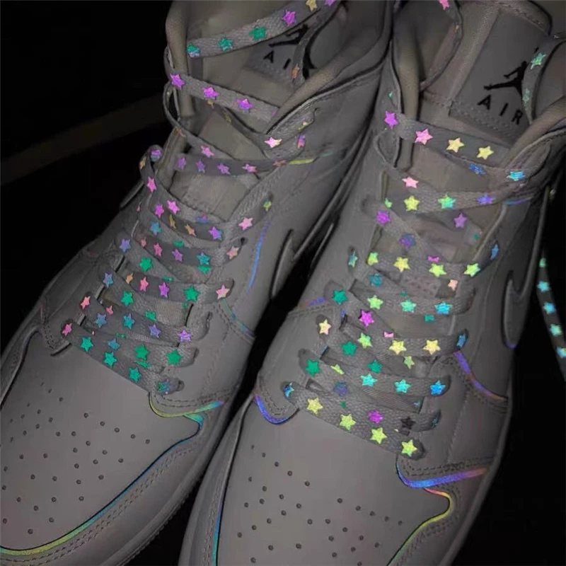 

1pair Star Print Reflective Shoelaces For Girls Women Sneakers Double-sided Reflective High-bright Shoe Laces Shoes Decoration