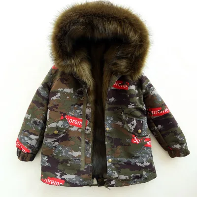 Camo Green Green Пальто с мехом для девочек; куртка с искусственным лисьим мехом; зимняя детская одежда; камуфляжная верхняя одежда для мальчиков и девочек; детское меховое пальто; TZ155 - Цвет: Camo Green Green