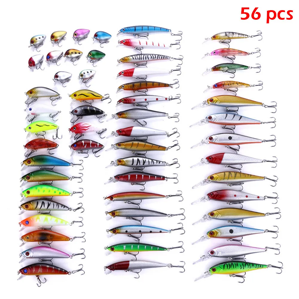 

56Pcs Mixed Fishing Lure Bait Hooks Set Wobbler Crankbaits Swimbait Minnow Hard Baits Spiners Carp Fishing Tackle