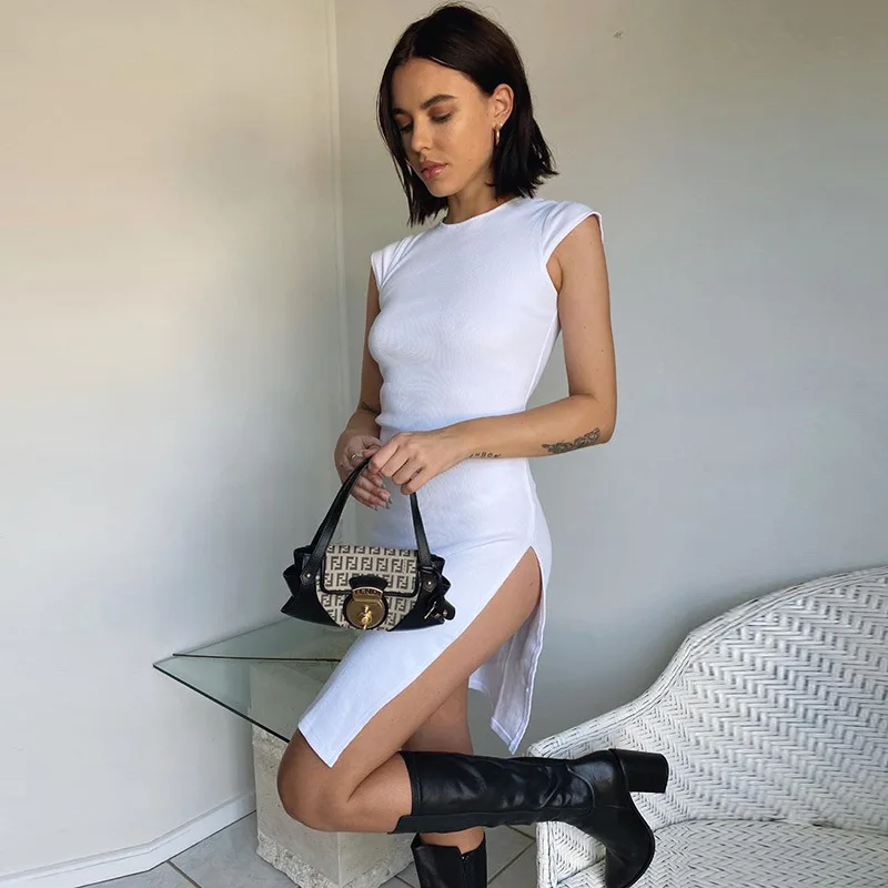 

Women Short Summer Vintage White Dress Casual Split Office Summer Dress Black Elegant Ladies Dresses Cotton Women Club 2021