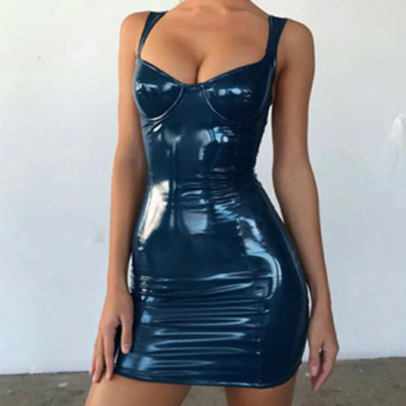 Backless Short Dress Сексуальные клубные вечерние платья с открытой спиной, короткое платье, однотонное, черное, мокрое, латекс, облегающее, искусственная кожа, пуш-ап, бюстгальтер, Мини, микро платье, купальник - Цвет: Backless Short Dress