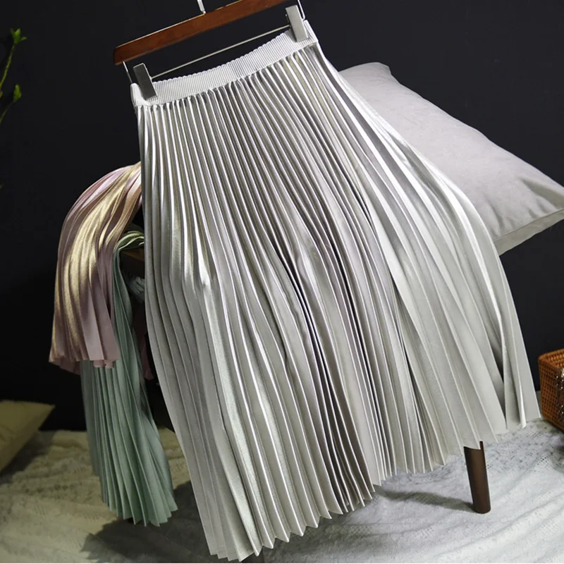 Light Grey Qiuxuan блестящая металлическая длинная юбка женская плиссированная юбка осень зима эластичная высокая талия приталенная Повседневная Женская юбка миди - Цвет: Light Grey