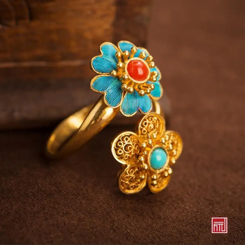 

Original S925 Silver Handmade Filigree Inlaid Vintage Court Minimalism Flower Tian-Tsui Ring South Red Turquoise Ring for Women