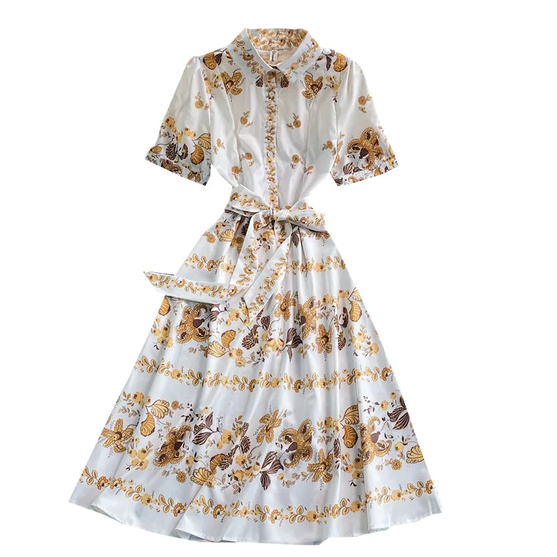 

Aibeautyer New Summer Casual Floral Print Dress A Line Single Breasted Short with Belt High Waist Mid-Calf Women Dresses