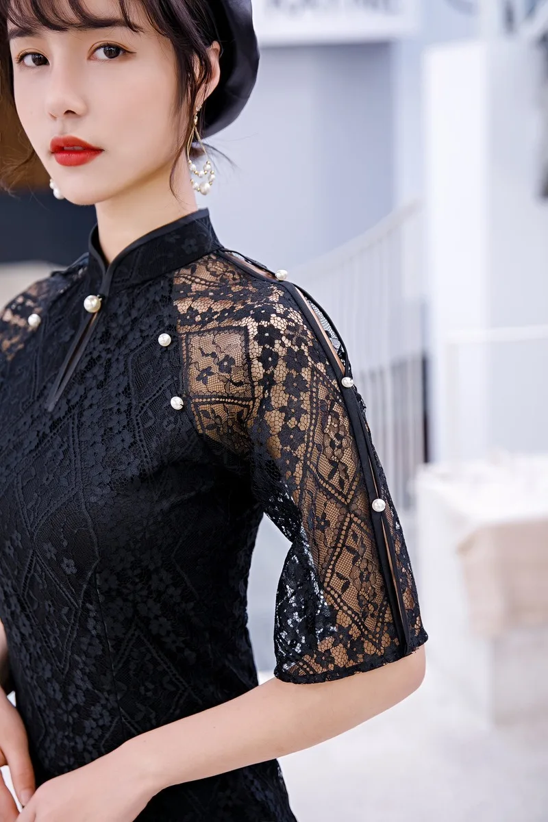 

2020 autumn and winter cheongsam new girl model improved fashion slim slimming beaded lace improved long cheongsam skirt