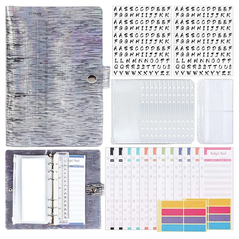 

38Pcs Budget Organizer Binder Cash Envelope System, Alphabet Stickers,Budget Sheets,A6 PVC Bags,for Money Planner