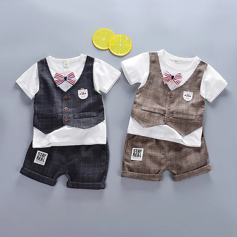 

2020 Summer Kids Sets Boys Fashion Cotton Plaid Sets Short-sleeve tops stitching vests+Shorts Two-piece Children's Clothing