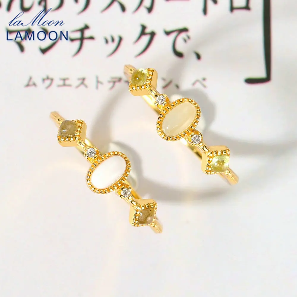 

LAMOON Vintage Natural Aquamarine Ring For Women 925 Sterling Silver Jade Ring 14K Gold Plated Fine Jewelry Accessories