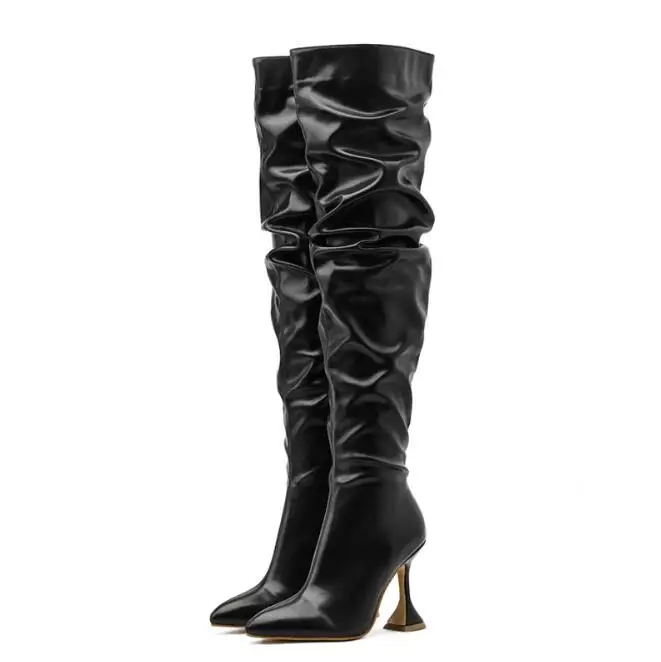 New Design Pleated Leather Over The Knee Boots Fashion Runway Strange High Heels Sexy Pointed Toe Zip Womans Shoes | Обувь