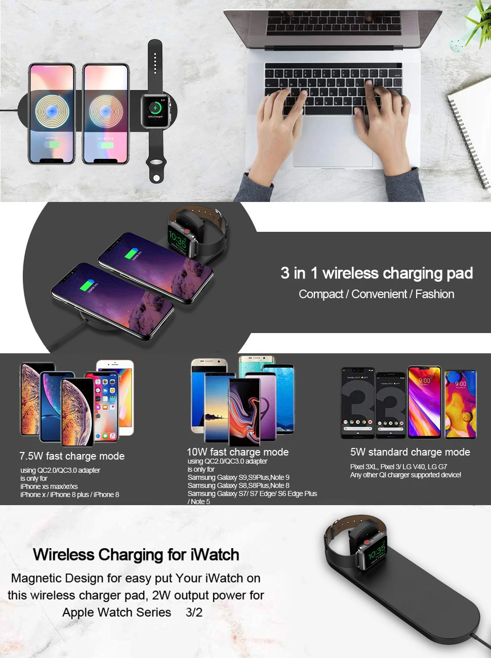 Qi Беспроводное зарядное устройство для Apple watch iPhone X Xs 8 samsung S10 S9 Note9 для Apple Watch 1 2 3 4/Airpods 3в1 зарядная подставка