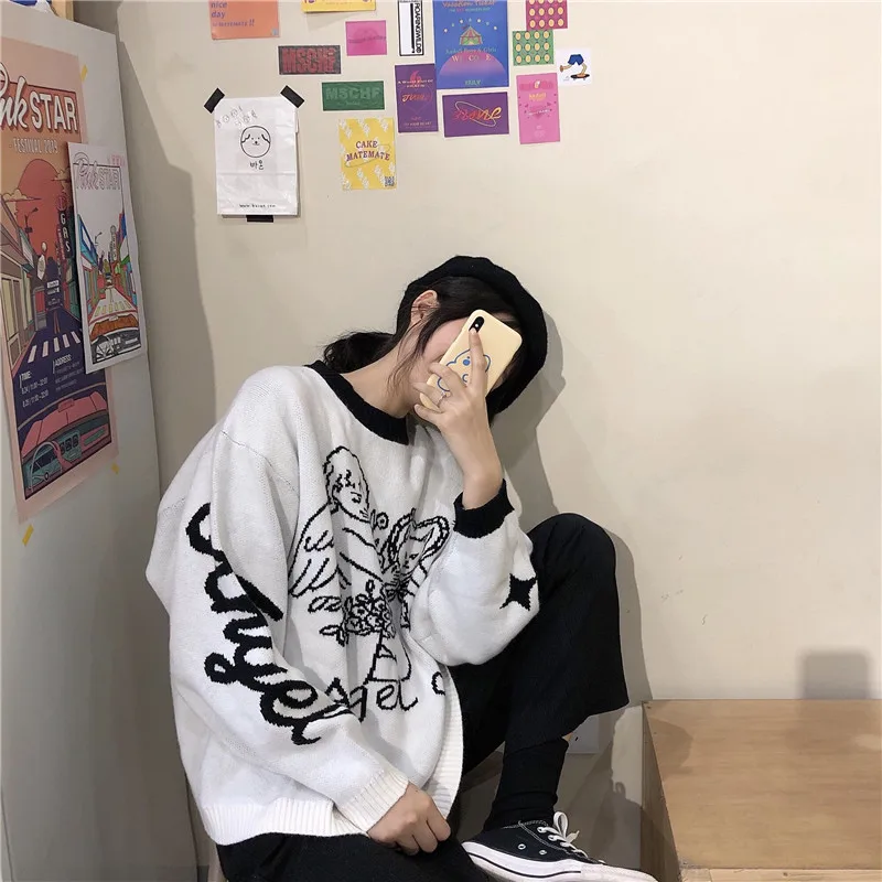 

Korean fashion patchwork o-neck long sleeve knitted Sweaters winter clothes women ins fashion pullovers casual loose ladies tops