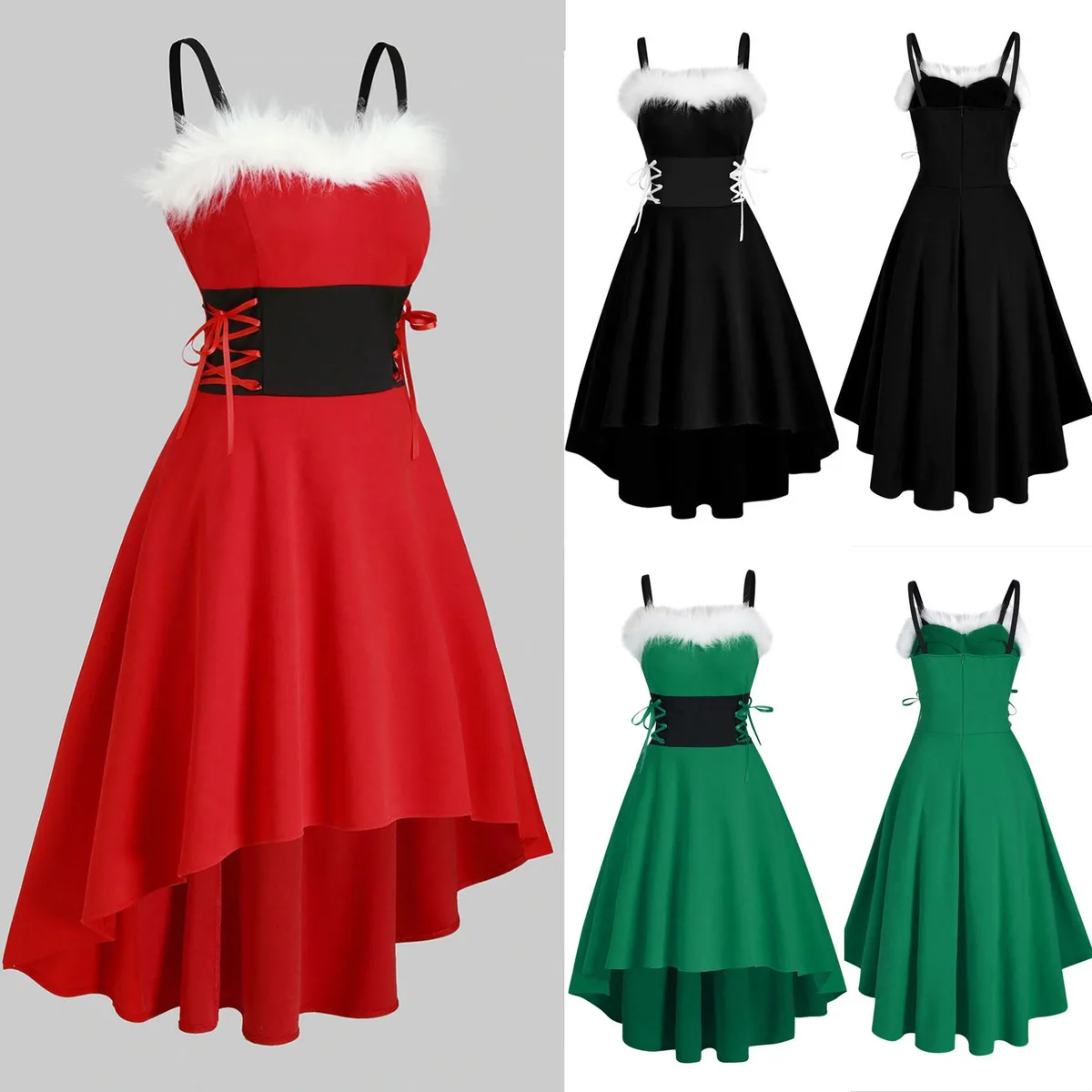 

2021 Christmas Dress Women Off Shoulder Fashion Dresses Faux-fur Lace Up Asymmetrical High Low Midi Dress for Xmas Costume