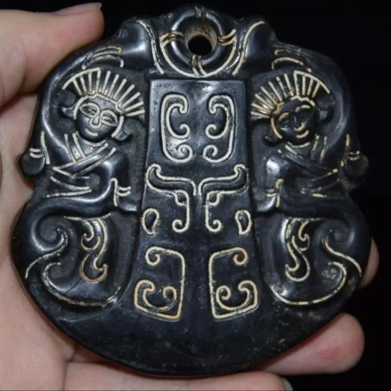 

Hongshan culture archaize black iron meteorite sculpture maid bi statue #1