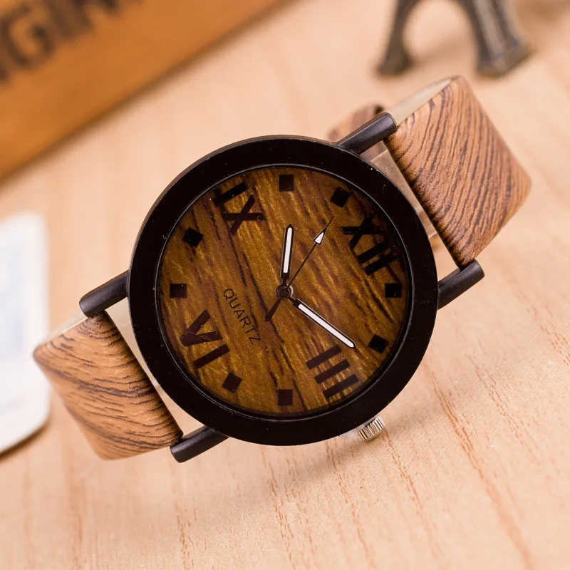 

2020 Fashion Quartz Ladies Watch Roman Numerals Wood Leather Band Analog Quartz Wristwatches Women Watch reloj para mujer E