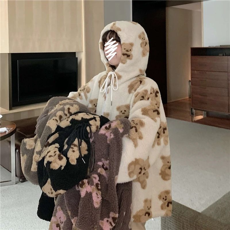 

SHENGPALAE Cashmere Bear Hoodie Women's Spring Autumn 2021 New Zipper Loose Long Sleeve Plush Thick Hooded Sweatshirt