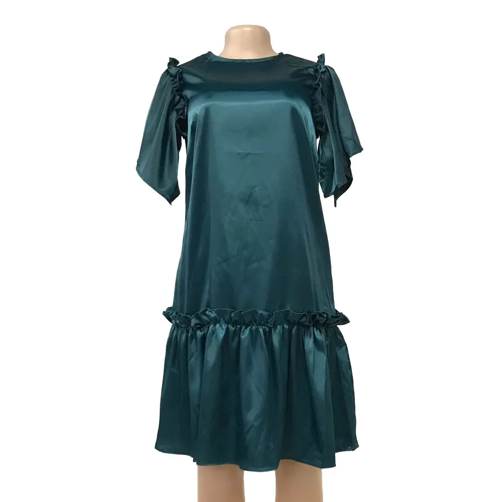 

New 2021 Summer Europe America Fashion Solid Color Women's Dress Solid Color Round Neck Ruffle Loose Casual