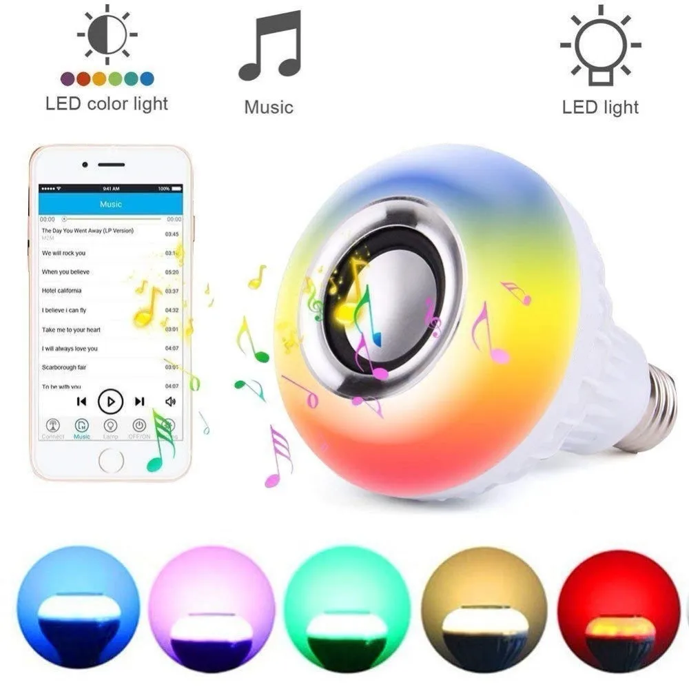 

Умная Светодиодная лампа E27 RGB, беспроводной динамик с Bluetooth, 12 Вт, музыкальный проигрыватель, диммируемая лампа с пультом дистанционного управления 24 клавиши