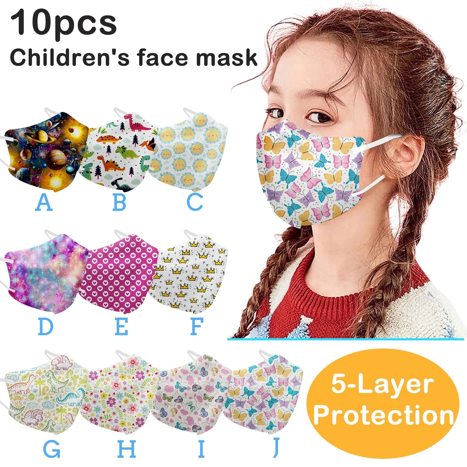 

10PCS Kids Fashion Cartoon Print Mask Space Dinosaur Printed 5-Layer Protective 3D Children's Halloween Cosplay Disposable Mask