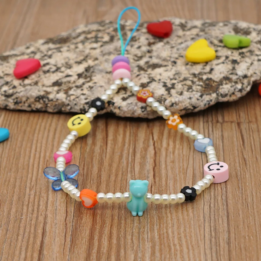 New Wrist Lanyard Chain For Mobile Phone Holder keys ID Card Keychain Cute smile face butterfly Handphone Strap Hanging Rope