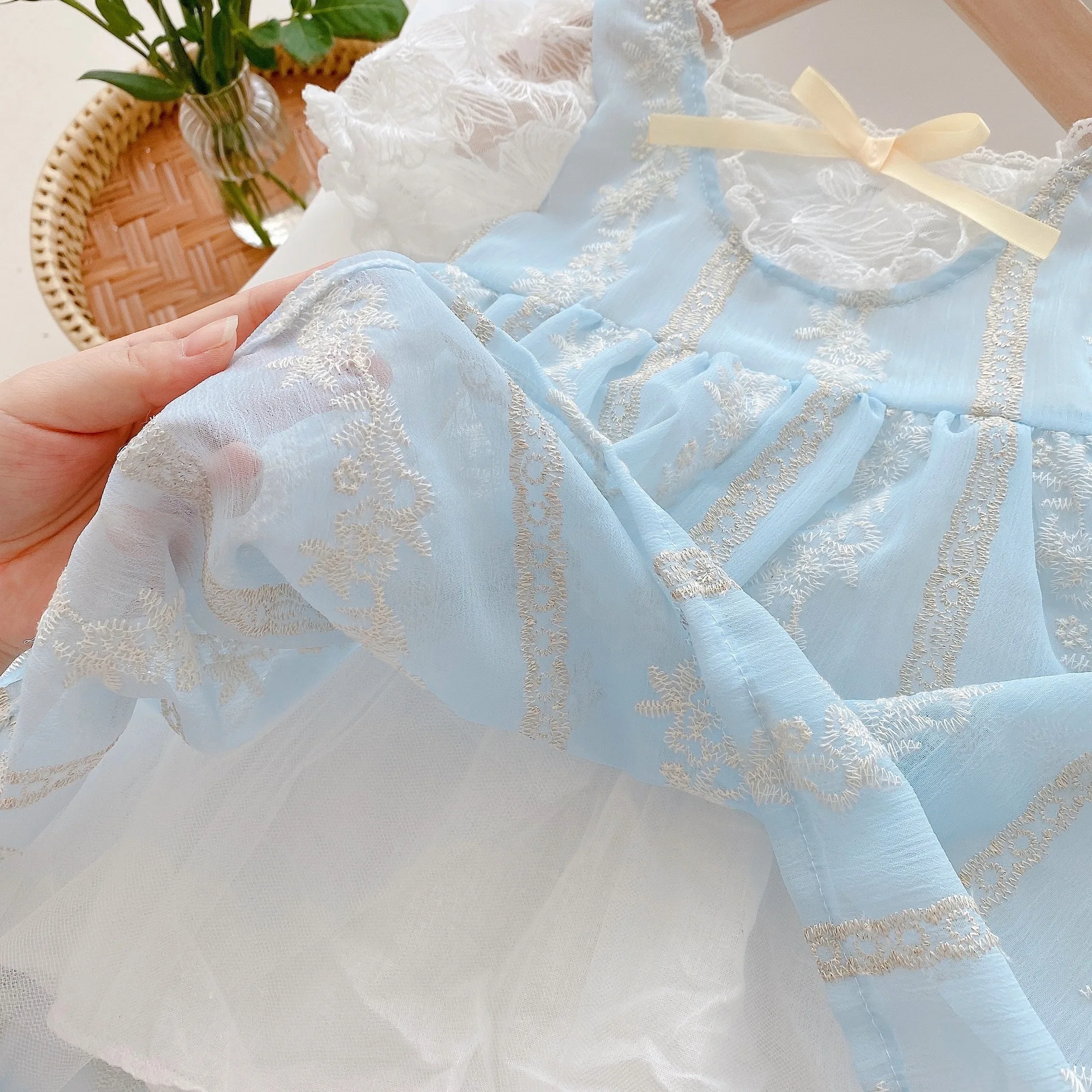 

Girls Bowknot Dress 2021 Summer Baby Lolita Tutu Puff Sleeve Princess Dress Short Sleeve Light Blue Dress