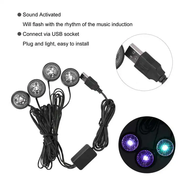Car LED Projector Light Interior Star Roof Atmosphere RGB 4 Lamp Heads Sound Activated | Decorative Lamps & Strips