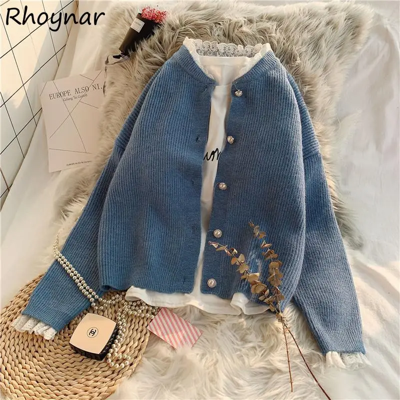 

Cardigan Sweaters Women Autumn Solid Casual Fashion Lace All-match Sweet Candy Color Female Knitwear Girls College Elegant New