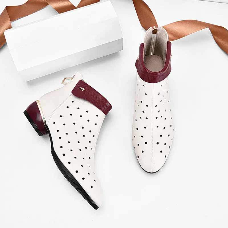 

Genuine Leather Woman Boots Spring Summer Boots Cutout Round toe Back Zipper Platform Shoes Autumn Winter Botas Mujer