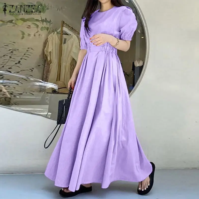 

ZANZEA Women Autumn Sundress Stylish Short Sleeve Pleated Long Dress Robe Femme Casual Fashion Solid Workwear Chic Vestidos 2021